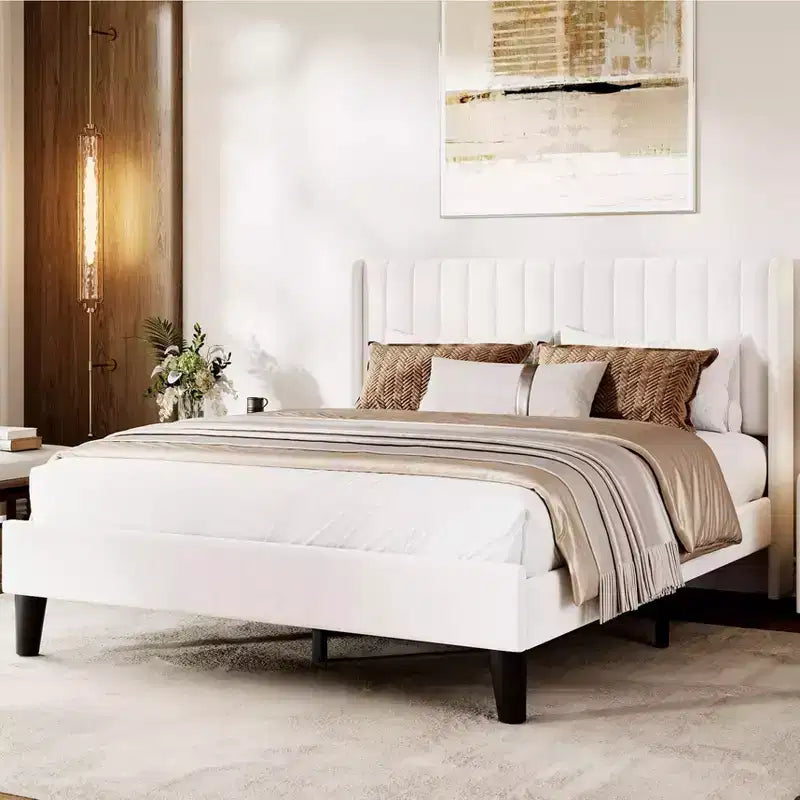 Bed Frame with Wingback Headboard - Vertical Channel Tufted Upholstered Platform, Noise-Free Reinforced Wood Slats, No Box Spring Needed, White