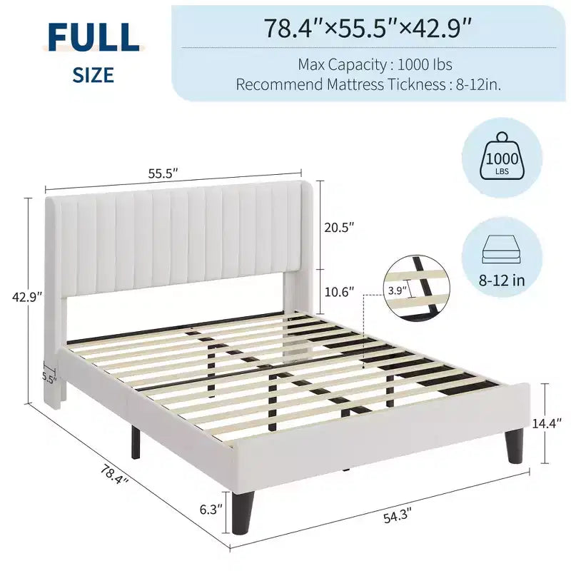 Letto a piattaforma imbottito bianco con schienale ad ala, trapuntatura verticale a canale, Queen, 2 posti letto