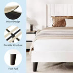 Letto a piattaforma imbottito bianco con schienale ad ala, trapuntatura verticale a canale, Queen, 2 posti letto
