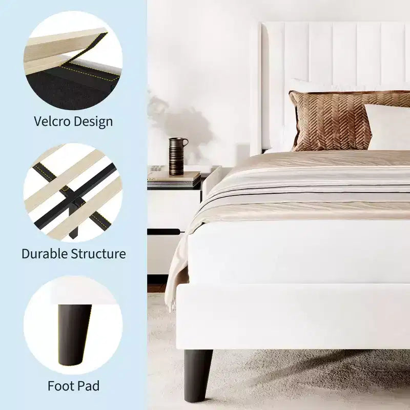 Letto a piattaforma imbottito bianco con schienale ad ala, trapuntatura verticale a canale, Queen, 2 posti letto
