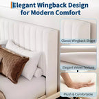 Letto a piattaforma imbottito bianco con schienale ad ala, trapuntatura verticale a canale, Queen, 2 posti letto