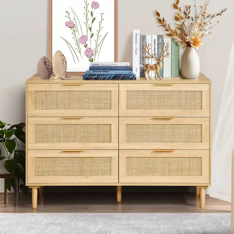 Cassettiera a 6 cassetti in rattan color legno naturale, stile Boho, montaggio da 1 persona