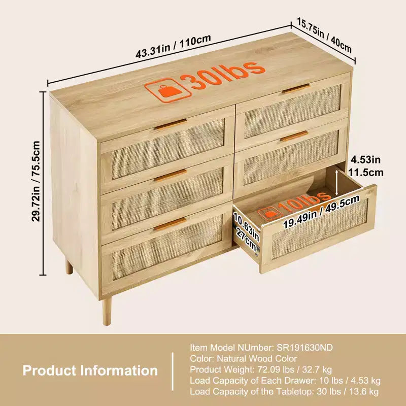 Cassettiera a 6 cassetti in rattan color legno naturale, stile Boho, montaggio da 1 persona