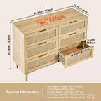 Cassettiera a 6 cassetti in rattan color legno naturale, stile Boho, montaggio da 1 persona