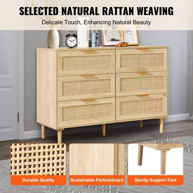 Cassettiera a 6 cassetti in rattan color legno naturale, stile Boho, montaggio da 1 persona