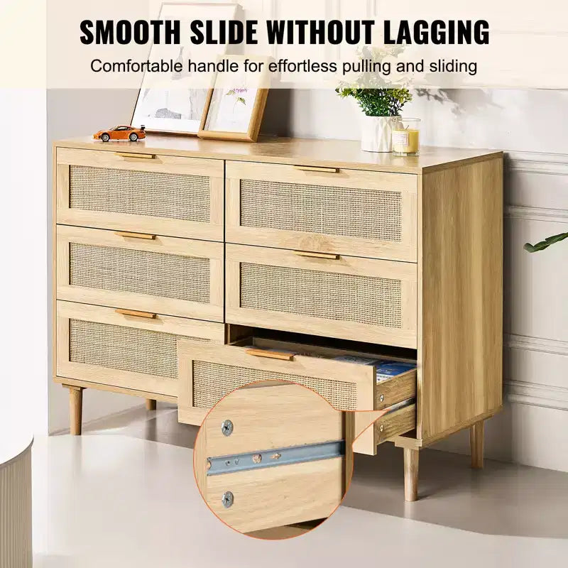Cassettiera a 6 cassetti in rattan color legno naturale, stile Boho, montaggio da 1 persona
