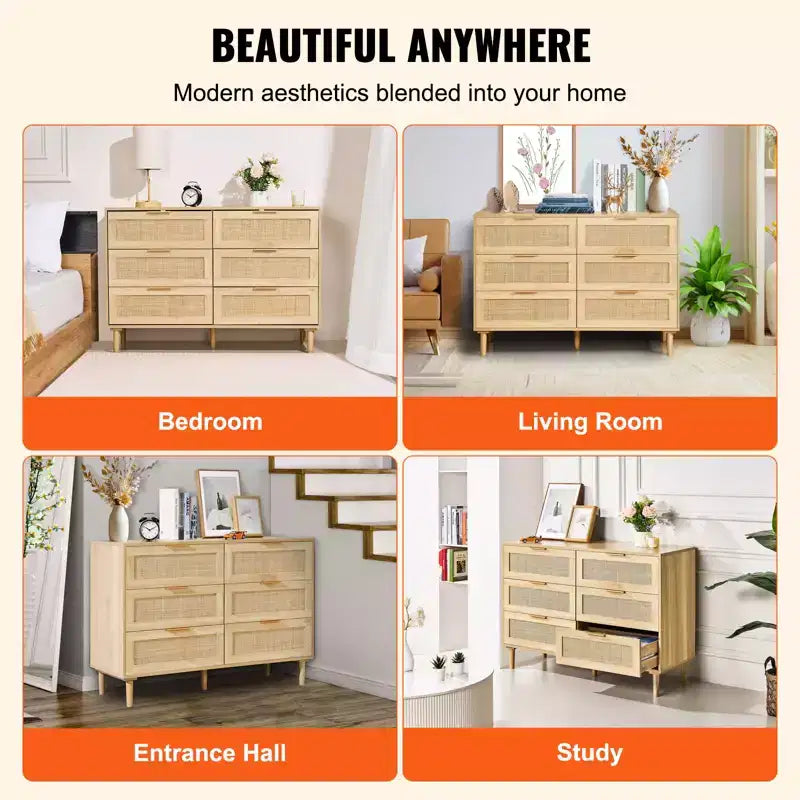 Cassettiera a 6 cassetti in rattan color legno naturale, stile Boho, montaggio da 1 persona