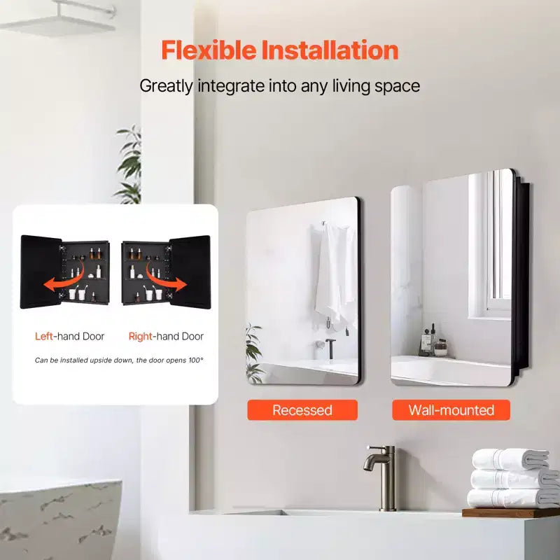 Specchiera da Bagno con Cornice Nera in Alluminio, 24"×30", a Parete/Incasso, Singola