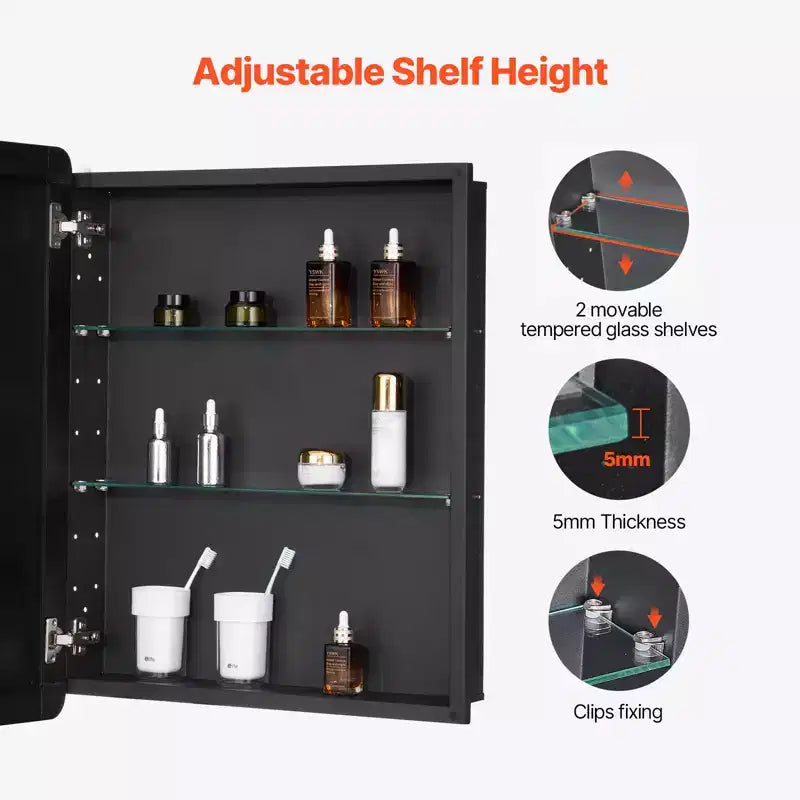 Specchiera da Bagno con Cornice Nera in Alluminio, 24"×30", a Parete/Incasso, Singola