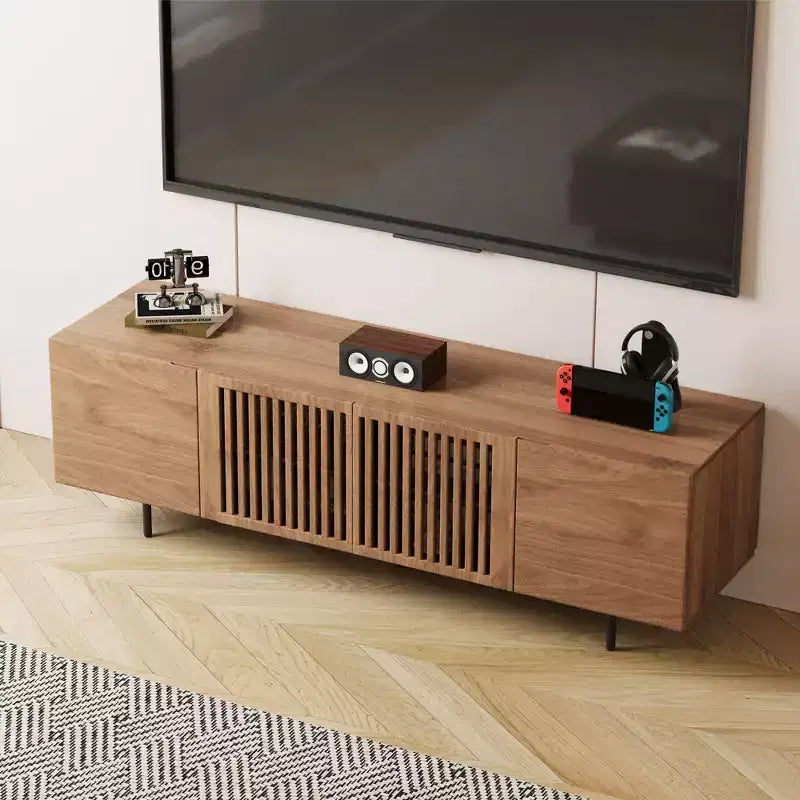 Mobile TV con Ante a Doghe in Noce, Moderno Metà Secolo, Adatto per TV fino a 80"