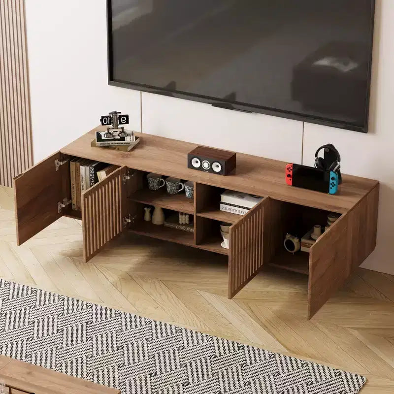 Mobile TV con Ante a Doghe in Noce, Moderno Metà Secolo, Adatto per TV fino a 80"