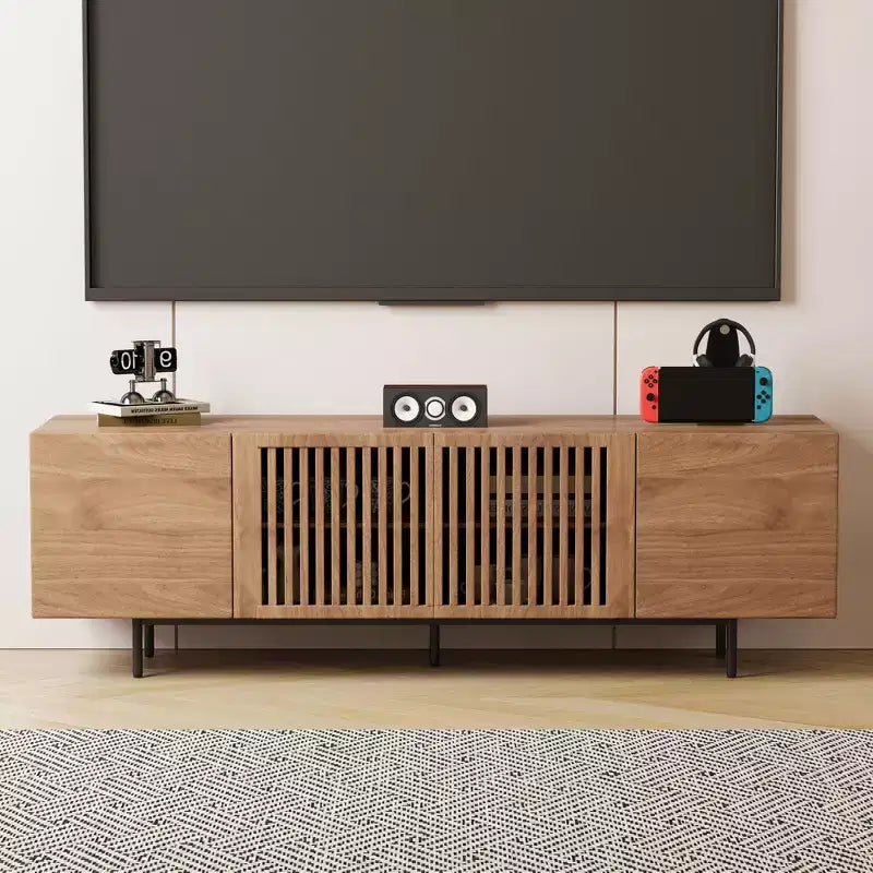 Mobile TV con Ante a Doghe in Noce, Moderno Metà Secolo, Adatto per TV fino a 80"