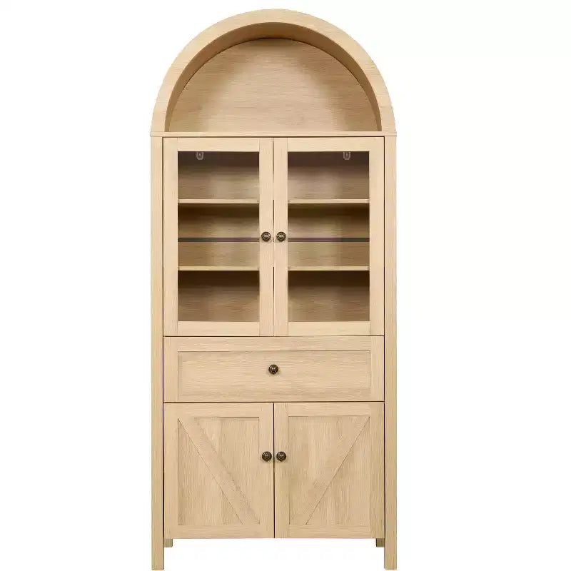 Armadio contenitore ad arco marrone con 4 ante e 1 cassetto, libreria espositiva a unità singola