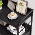 Cassettiera in tessuto marrone/grigio a 5 cassetti con piano in legno e telaio in acciaio