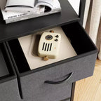 Cassettiera in tessuto marrone/grigio a 5 cassetti con piano in legno e telaio in acciaio