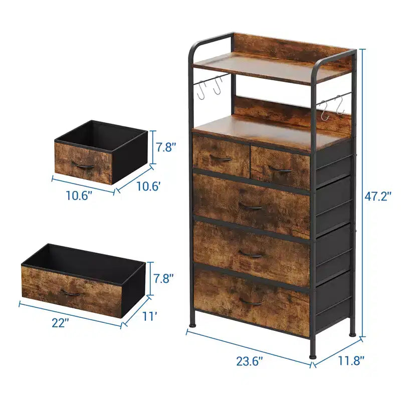 Cassettiera in tessuto marrone/grigio a 5 cassetti con piano in legno e telaio in acciaio