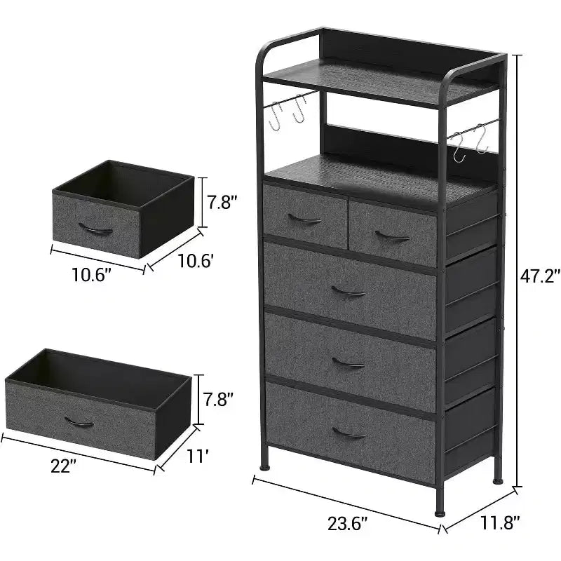 Cassettiera in tessuto marrone/grigio a 5 cassetti con piano in legno e telaio in acciaio