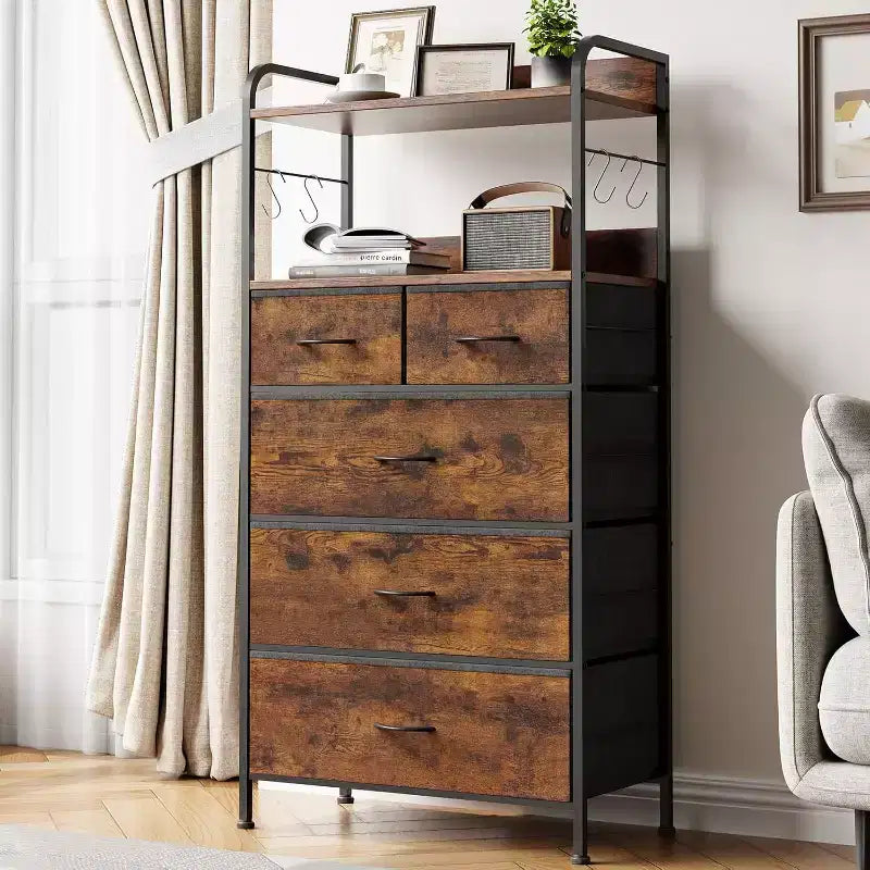 COZONY 5-Drawer Dresser Storage Organizer with Fabric Bins, Wood Top & Sturdy Steel Frame, Easy-Pull Handles  Space-Saving for Bedroom & Hallway