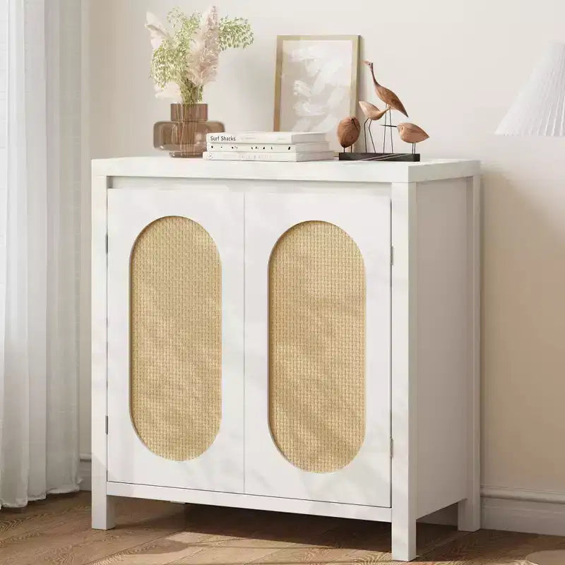 Madia Mid-Century Naturale/Bianca con Ante in Rattan e Ripiani Regolabili, Credenza Contenitore a 2 Ante