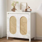 Madia Mid-Century Naturale/Bianca con Ante in Rattan e Ripiani Regolabili, Credenza Contenitore a 2 Ante