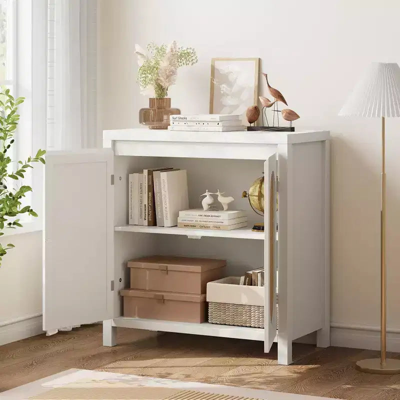 Madia Mid-Century Naturale/Bianca con Ante in Rattan e Ripiani Regolabili, Credenza Contenitore a 2 Ante