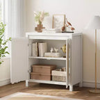 Madia Mid-Century Naturale/Bianca con Ante in Rattan e Ripiani Regolabili, Credenza Contenitore a 2 Ante