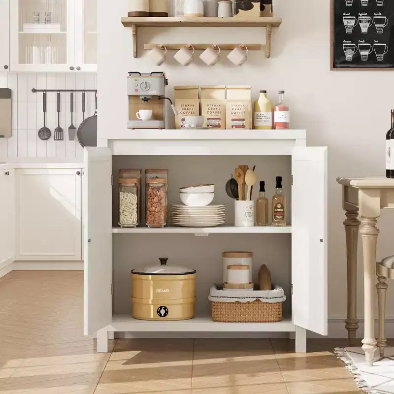 Madia Mid-Century Naturale/Bianca con Ante in Rattan e Ripiani Regolabili, Credenza Contenitore a 2 Ante