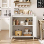 Madia Mid-Century Naturale/Bianca con Ante in Rattan e Ripiani Regolabili, Credenza Contenitore a 2 Ante