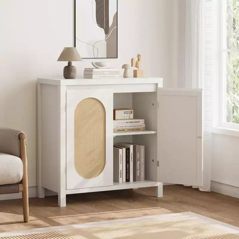 Madia Mid-Century Naturale/Bianca con Ante in Rattan e Ripiani Regolabili, Credenza Contenitore a 2 Ante