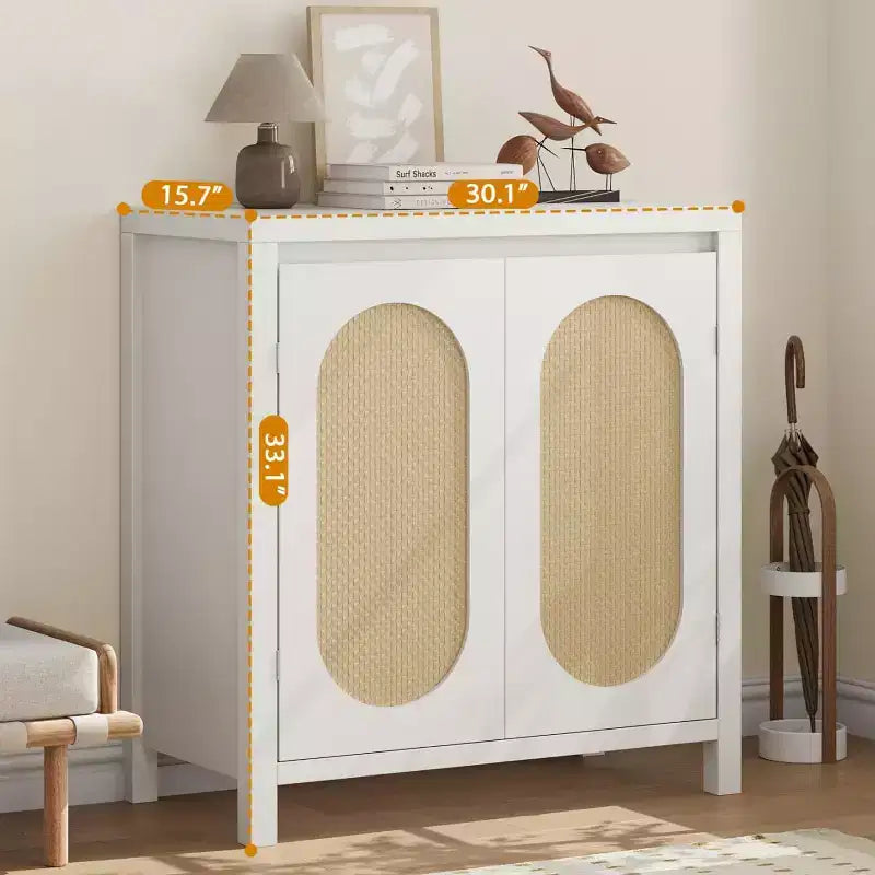 Madia Mid-Century Naturale/Bianca con Ante in Rattan e Ripiani Regolabili, Credenza Contenitore a 2 Ante