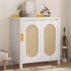 Madia Mid-Century Naturale/Bianca con Ante in Rattan e Ripiani Regolabili, Credenza Contenitore a 2 Ante
