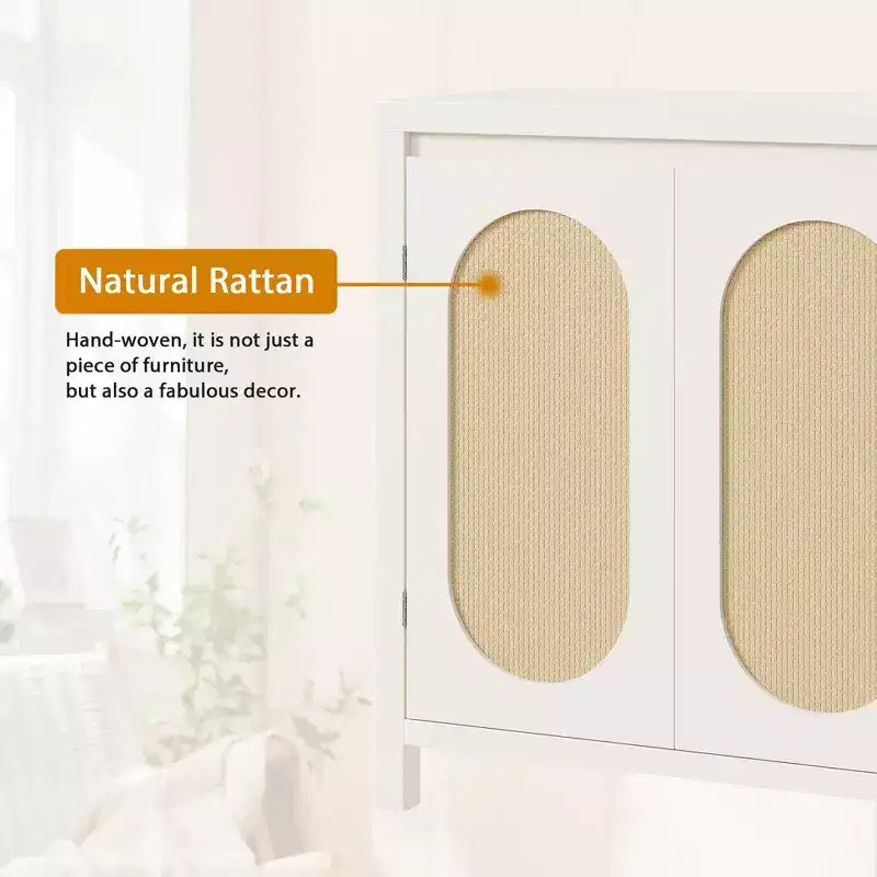 Madia Mid-Century Naturale/Bianca con Ante in Rattan e Ripiani Regolabili, Credenza Contenitore a 2 Ante