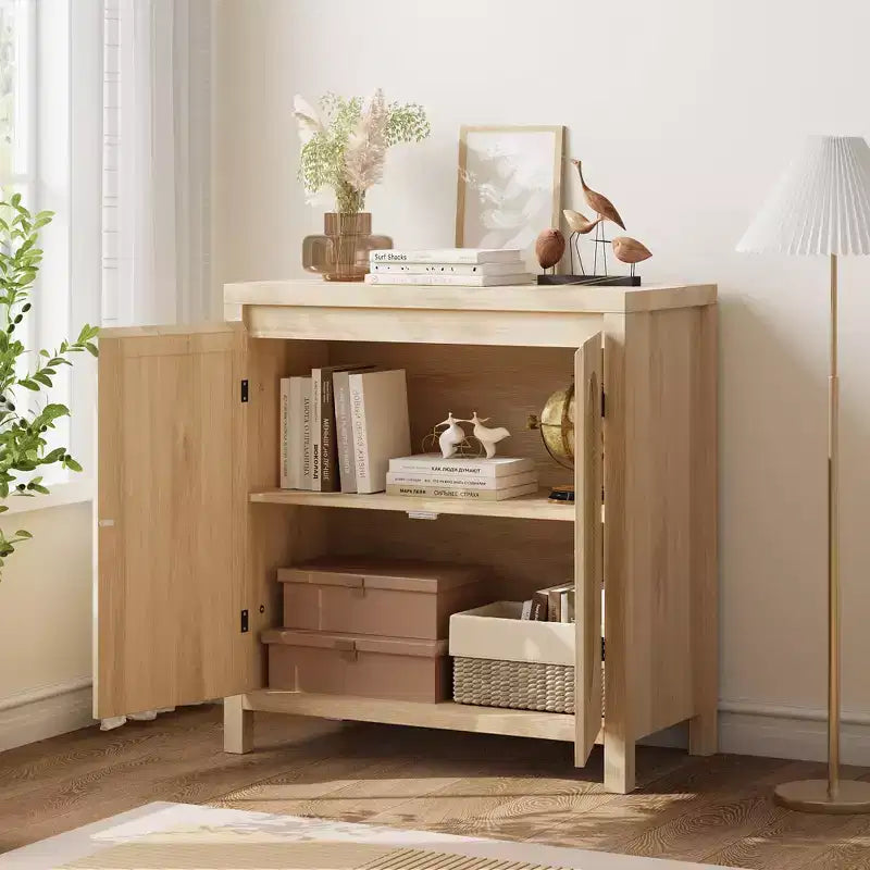 Madia Mid-Century Naturale/Bianca con Ante in Rattan e Ripiani Regolabili, Credenza Contenitore a 2 Ante
