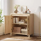 Madia Mid-Century Naturale/Bianca con Ante in Rattan e Ripiani Regolabili, Credenza Contenitore a 2 Ante
