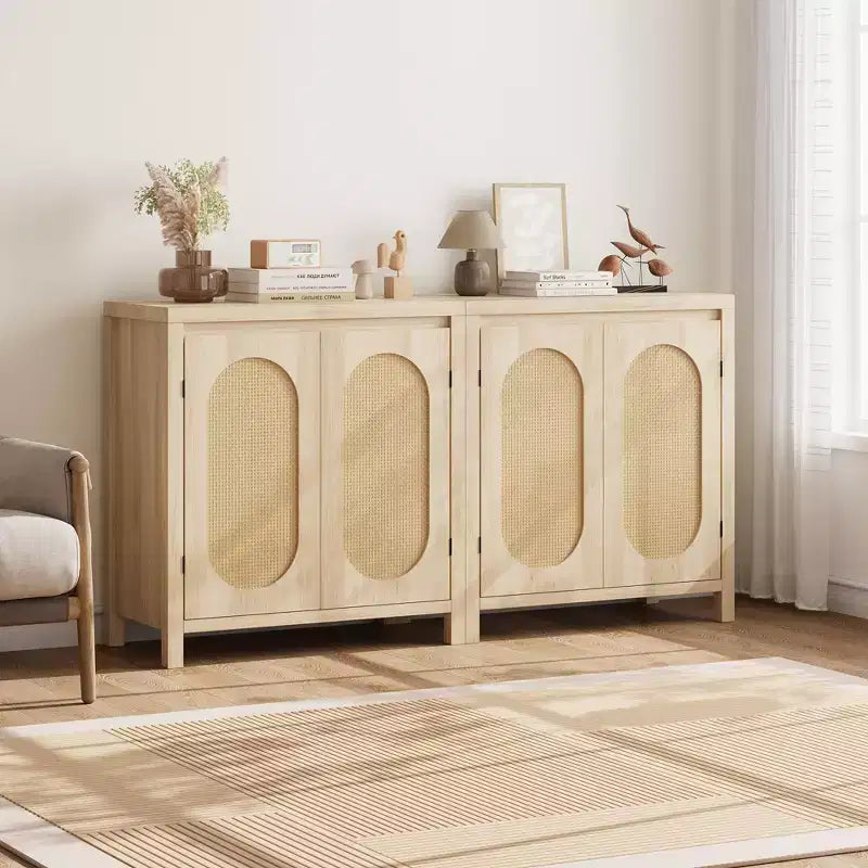Madia Mid-Century Naturale/Bianca con Ante in Rattan e Ripiani Regolabili, Credenza Contenitore a 2 Ante
