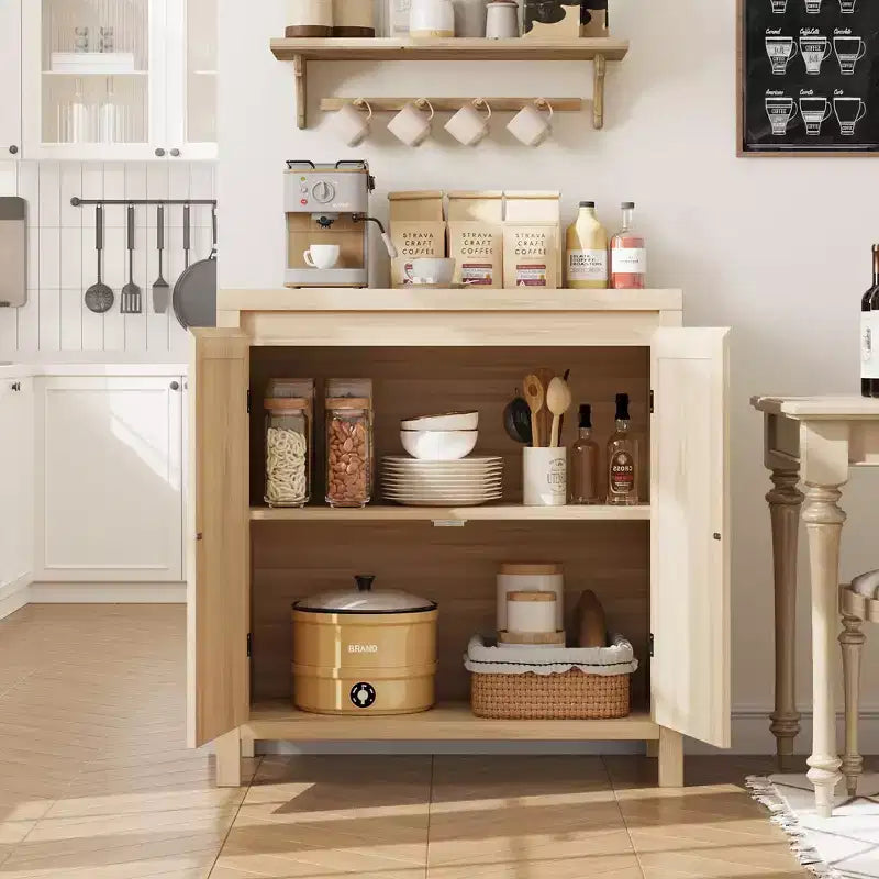 Madia Mid-Century Naturale/Bianca con Ante in Rattan e Ripiani Regolabili, Credenza Contenitore a 2 Ante
