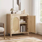Madia Mid-Century Naturale/Bianca con Ante in Rattan e Ripiani Regolabili, Credenza Contenitore a 2 Ante
