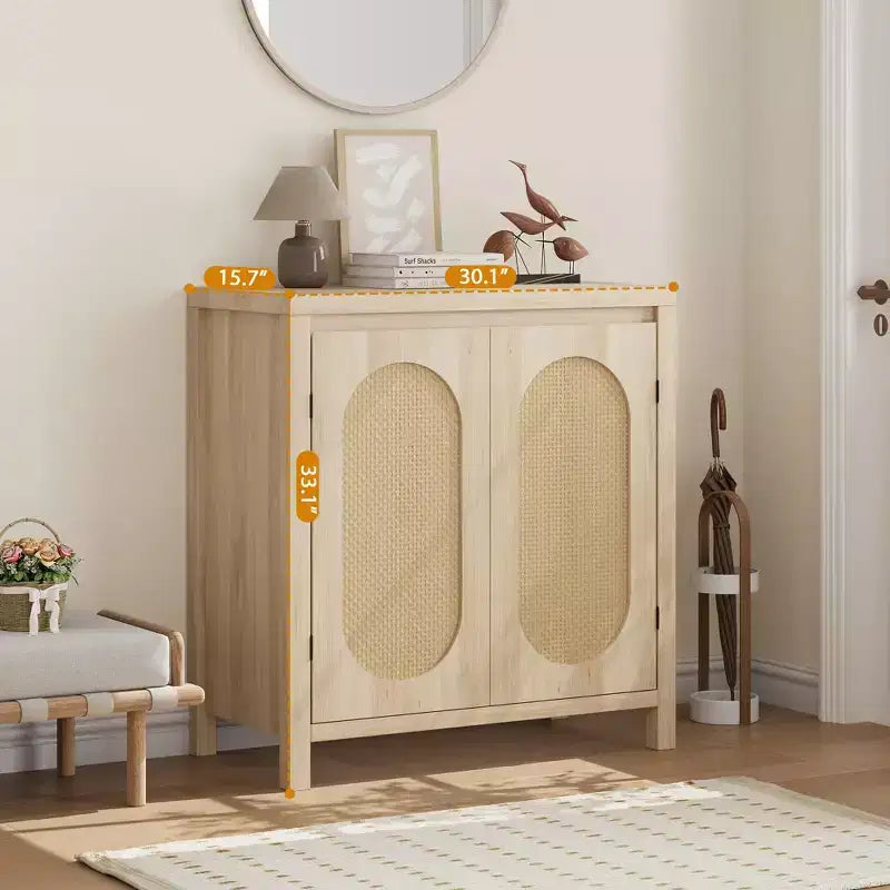 Madia Mid-Century Naturale/Bianca con Ante in Rattan e Ripiani Regolabili, Credenza Contenitore a 2 Ante