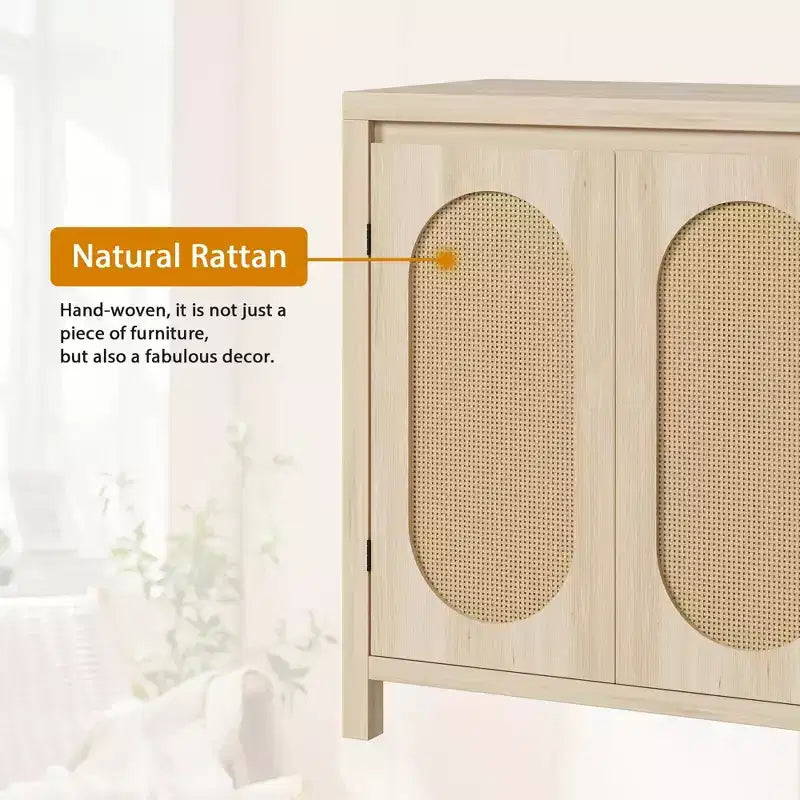 Madia Mid-Century Naturale/Bianca con Ante in Rattan e Ripiani Regolabili, Credenza Contenitore a 2 Ante