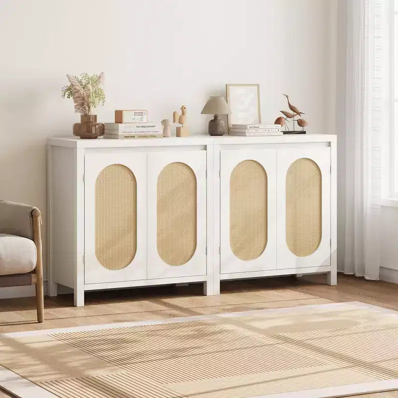 Madia Mid-Century Naturale/Bianca con Ante in Rattan e Ripiani Regolabili, Credenza Contenitore a 2 Ante