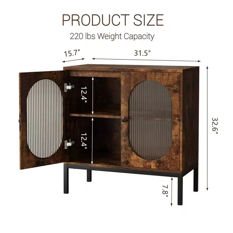 Credenza-Madia a due ante in Rattan color Crema, 2 ripiani, Montaggio a 1 persona