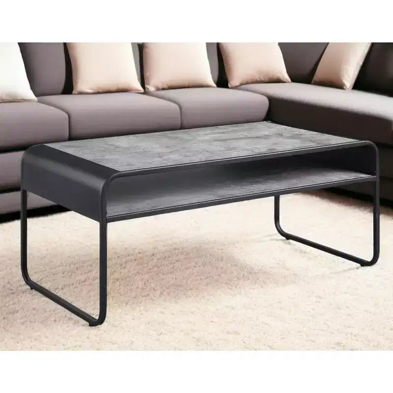 Tavolino da Caffè Gray & Black con Ripiano, Piano in Cemento e Base a Slitta in Metallo
