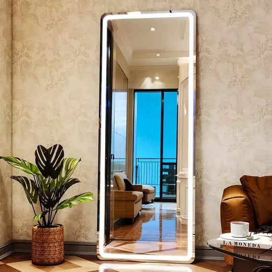 BEAUTYPEAK Floor Mirror Full Length Rectangular Standing Mirror with LED Lights