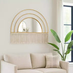 Boho-Chic Inspired Wall Mirror Decorative with Fringe Accent - Arched Wall Mirror for Bedroom, Bathroom, and Dorm Styling - 17, Gold