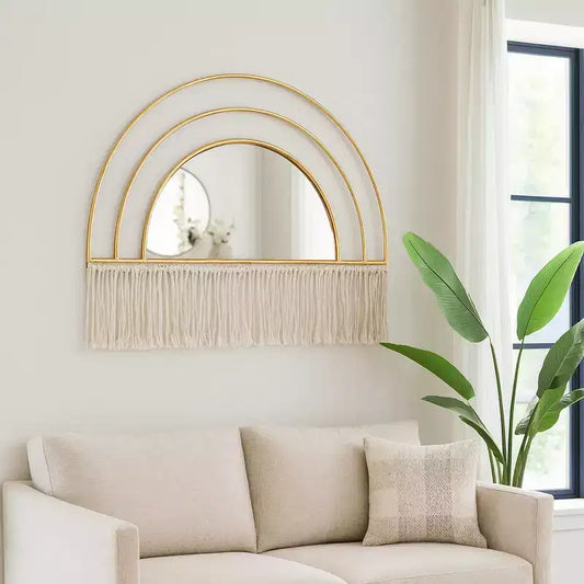 Boho-Chic Inspired Wall Mirror Decorative with Fringe Accent - Arched Wall Mirror for Bedroom, Bathroom, and Dorm Styling - 17, Gold