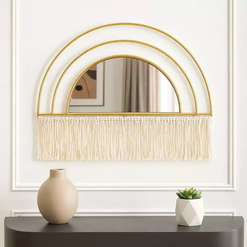 Specchio da Parete Ad Arco Oro con Frange, Singolo, Cornice in Metallo
