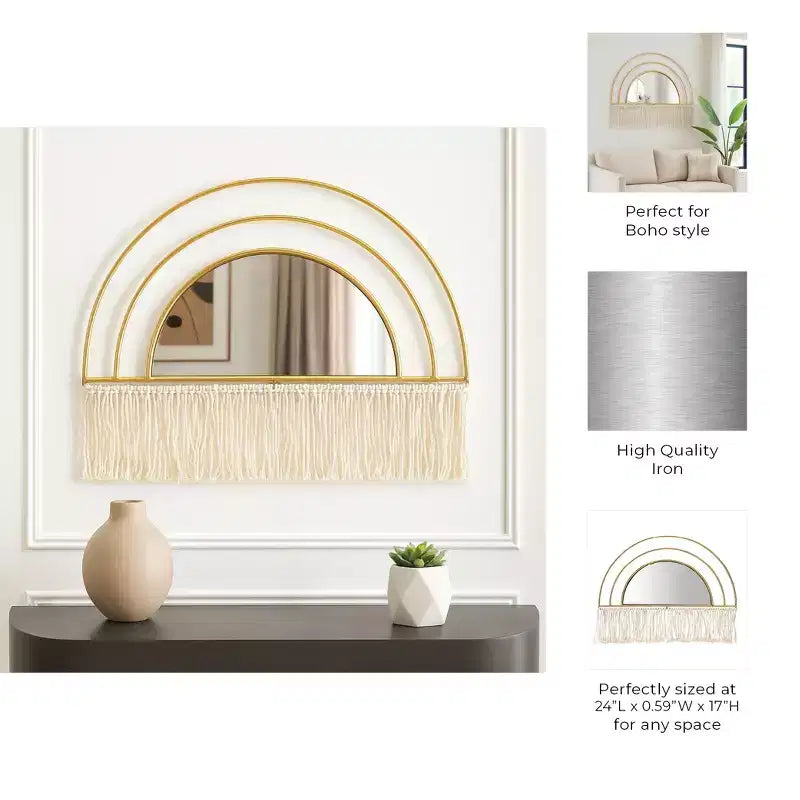Specchio da Parete Ad Arco Oro con Frange, Singolo, Cornice in Metallo