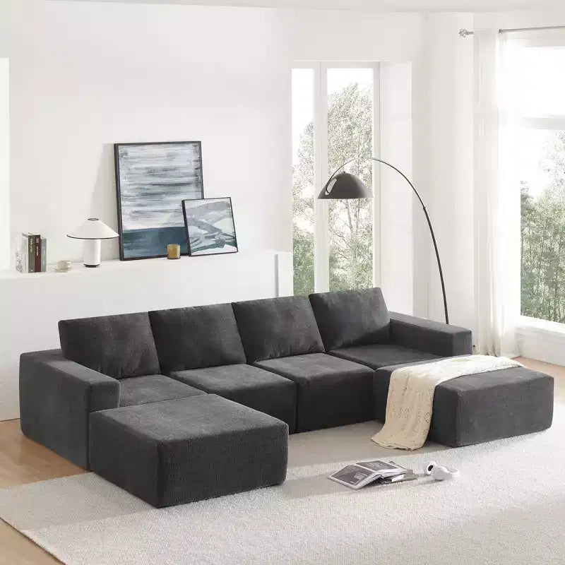 Divano Sezionale a U in Ciniglia Grigio Scuro / Blu Navy, 4 Pezzi, 6 Posti