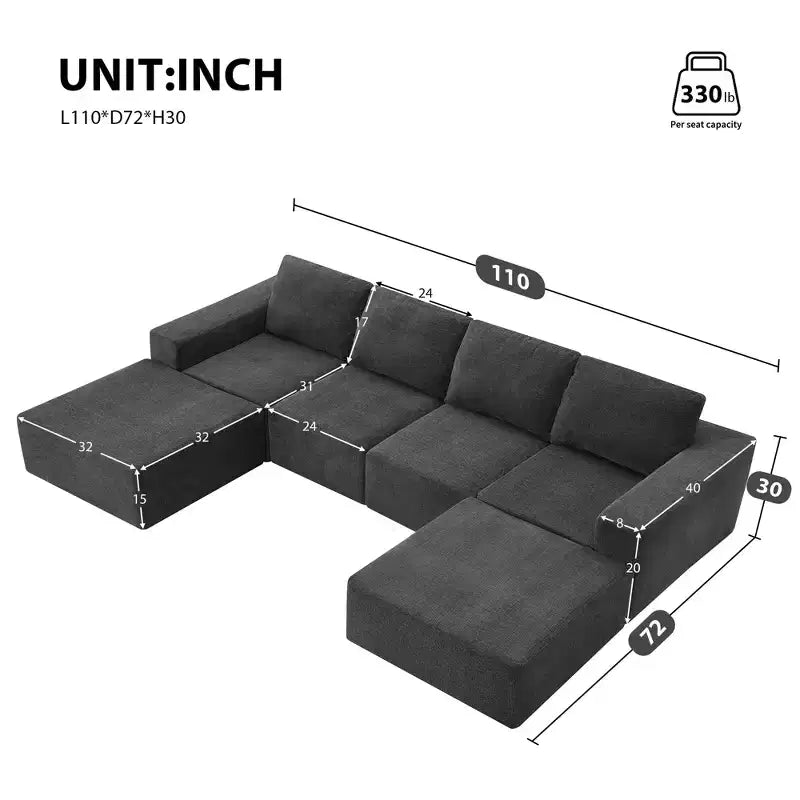 Divano Sezionale a U in Ciniglia Grigio Scuro / Blu Navy, 4 Pezzi, 6 Posti