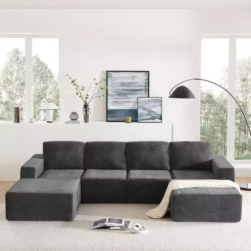 Divano Sezionale a U in Ciniglia Grigio Scuro / Blu Navy, 4 Pezzi, 6 Posti